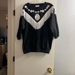 Black Fringe Blouse with Sheep Design